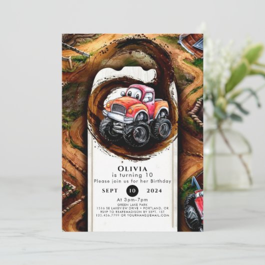 Pastel Wielen Monster Truck Verjaardag Kaart (Staand voorkant)