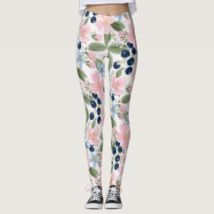 Pastel Wilde Bloem & Blauwe Bes Bloemmotief Leggings