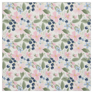 Pastel Wilde Bloem & Blauwe Bes Bloemmotief  Stof