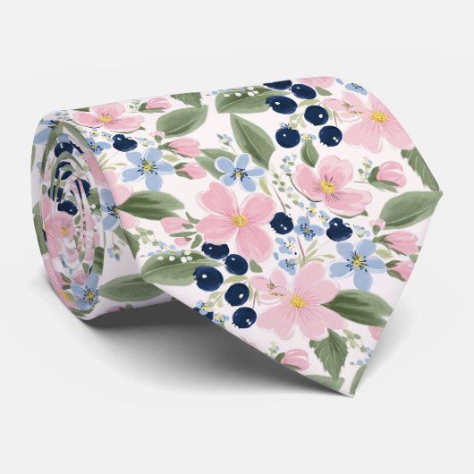 Pastel Wilde Bloem & Blauwe Bes Bloemmotief Stropdas (Opgerold)