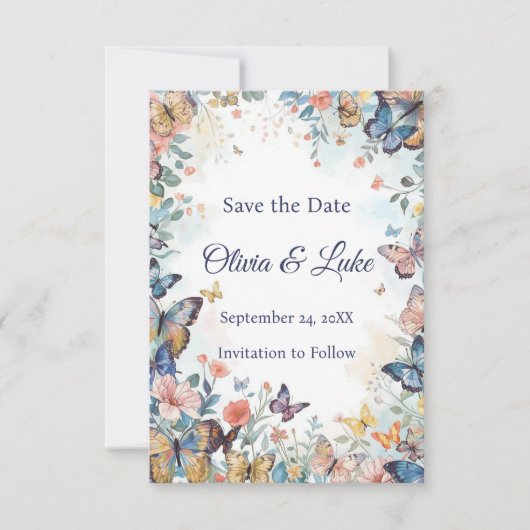 Pastel Wilde Bloem & Vlinder Bewaar de Datum Save The Date (Voorkant)