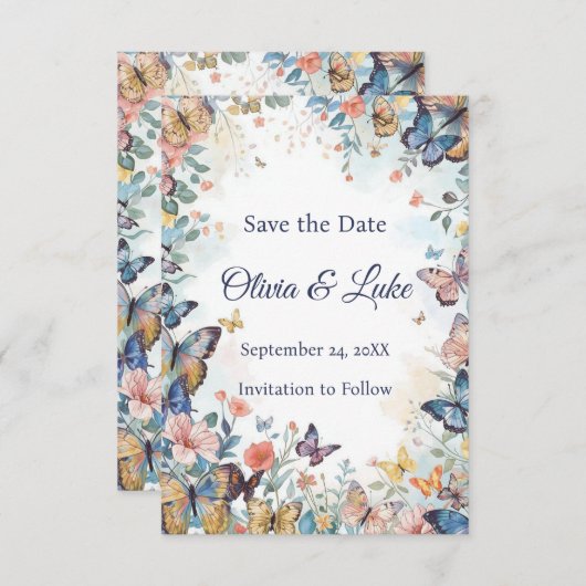 Pastel Wilde Bloem & Vlinder Save the Date (Voorkant / Achterkant)