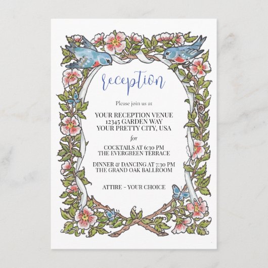 Pastel Wilde Bloem Vogel Rand Trouwreceptie Informatiekaartje (Voorkant)