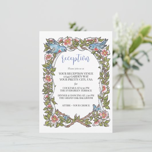 Pastel Wilde Bloem Vogel Rand Trouwreceptie Informatiekaartje (Staand voorkant)