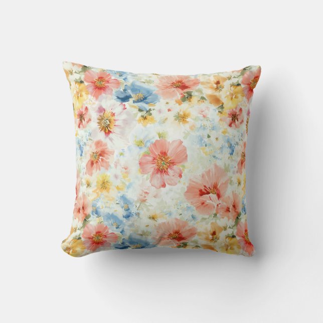 Pastel Wilde Bloem Waterverf Botanische Bloemstuk  Kussen (Voorkant)