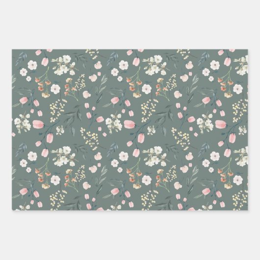 Pastel Wilde Bloem Waterverf in Oranje & Babyblauw Inpakpapier Vel (Voorkant 3)