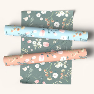 Pastel Wilde Bloem Waterverf in Oranje & Babyblauw Inpakpapier Vel