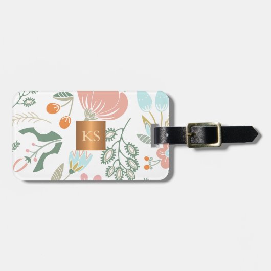 Pastel wilde bloemen met metallisch koper monogram bagagelabel (Voorkant horizontaal)