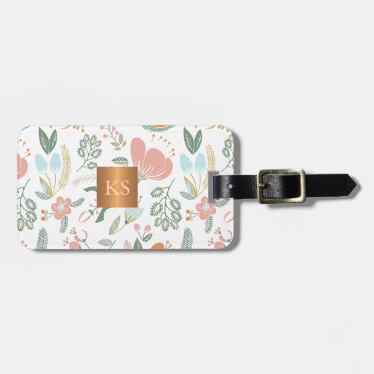 Pastel wilde bloemen met metallisch koper monogram bagagelabel (Voorkant horizontaal)