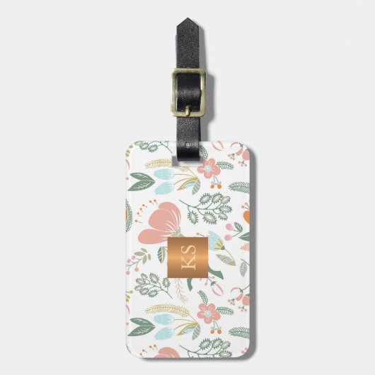 Pastel wilde bloemen met metallisch koper monogram bagagelabel (Voorkant verticaal)