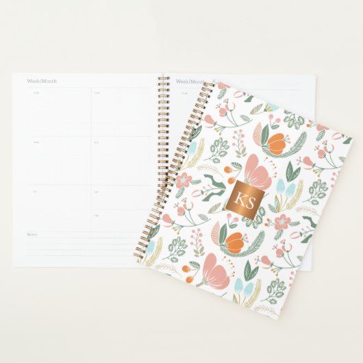 Pastel wilde bloemen met metallisch koper monogram planner (Display)