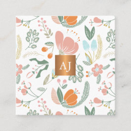 Pastel wilde bloemen met metallisch koper monogram vierkante visitekaartje