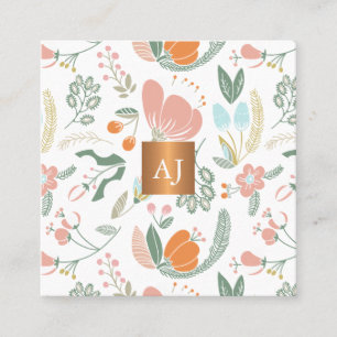 Pastel wilde bloemen met metallisch koper monogram vierkante visitekaartje