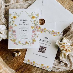 Pastel Wilde Bloemen   QR Code RSVP Bloem Bruiloft Kaart
