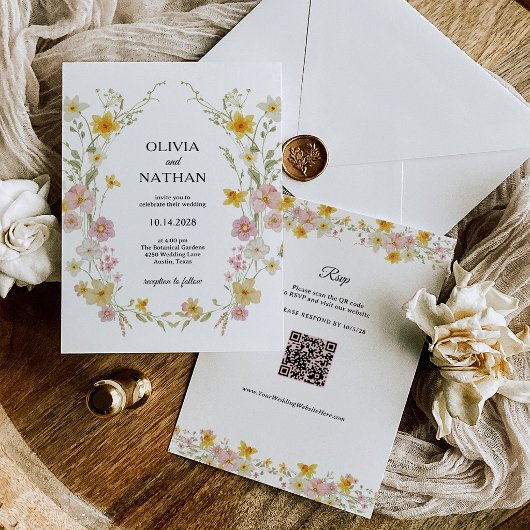 Pastel Wilde Bloemen | QR Code RSVP Bloem Bruiloft Kaart