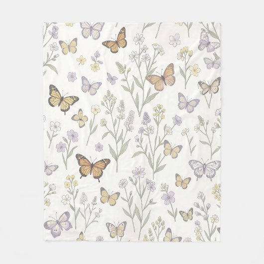 Pastel Wilde Bloemen Vlinders Weide Botanisch Fleece Deken (Voorkant)