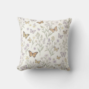 Pastel Wilde Bloemen Vlinders Weide Botanisch  Kussen