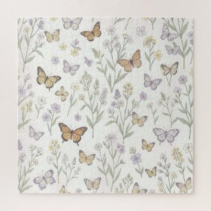 Pastel Wilde Bloemen Vlinders Weide Botanisch  Legpuzzel