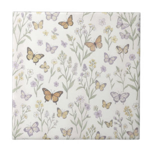 Pastel Wilde Bloemen Vlinders Weide Botanisch Tegeltje