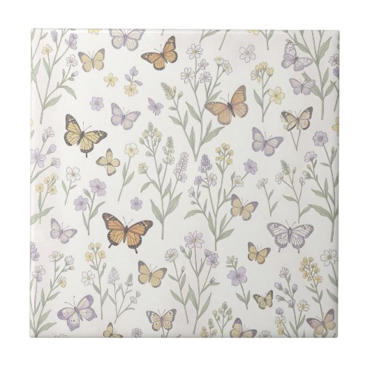 Pastel Wilde Bloemen Vlinders Weide Botanisch Tegeltje (Voorkant)