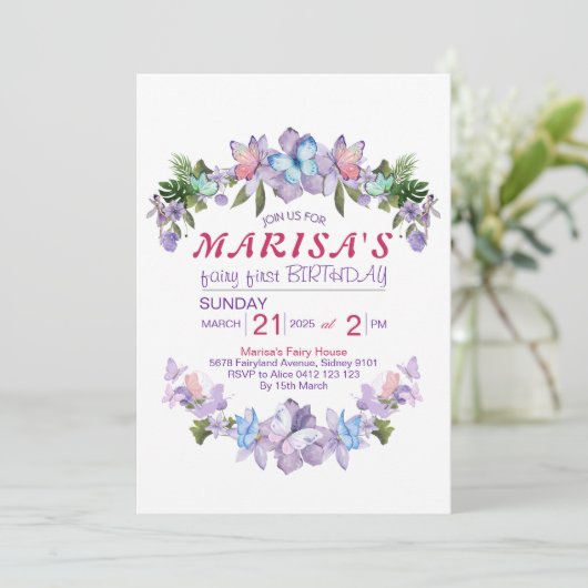 Pastel Wildebloemen Fee Eerste 1e Verjaardagsfeest Kaart (Staand voorkant)