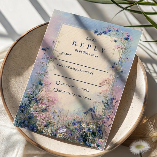 Pastel Wildebloemenweide Bruiloft RSVP Kaartje