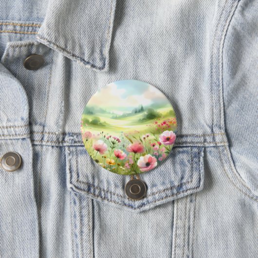 Pastel Wildebloemenweide Landschap Ronde Button 7,6 Cm (In situ)