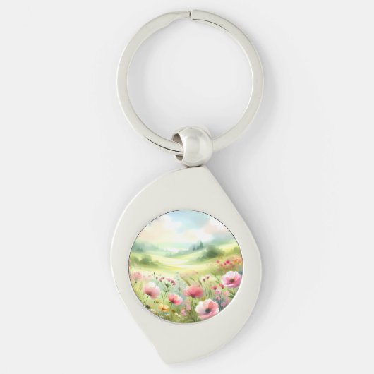 Pastel Wildebloemenweide Landschap Sleutelhanger (Voorkant)