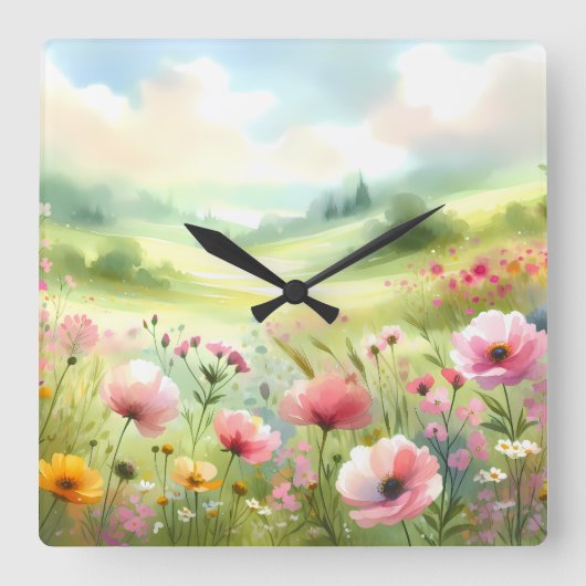 Pastel Wildebloemenweide Landschap Vierkante Klok (Voorkant)