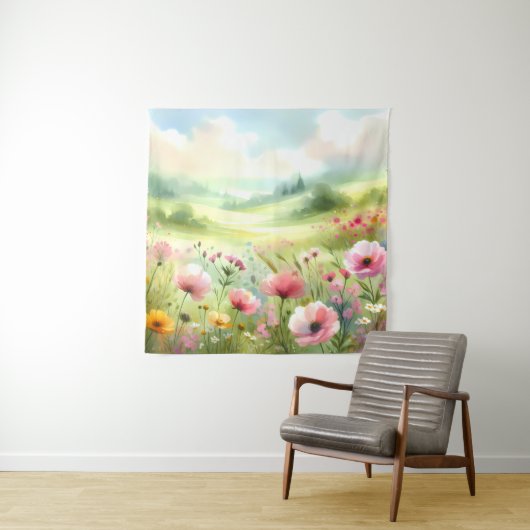 Pastel Wildebloemenweide Landschap Wandkleed (In situ)