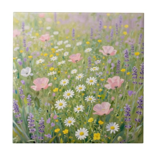 Pastel Wildebloemenweide Schilderij Tegeltje (Voorkant)