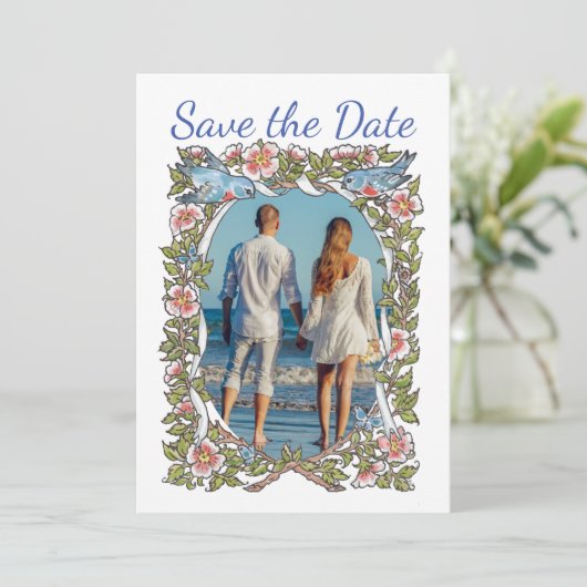 Pastel Wildflower Bloemen Vogel Foto Bruiloft Save The Date (Staand voorkant)