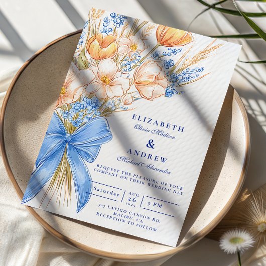 Pastel Wildflower Bow Wedding Kaart
