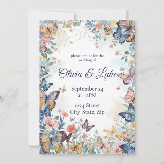 Pastel Wildflower & Butterfly Wedding Uitnodiging (Voorkant)