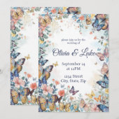 Pastel Wildflower & Butterfly Wedding Uitnodiging (Voorkant / Achterkant)