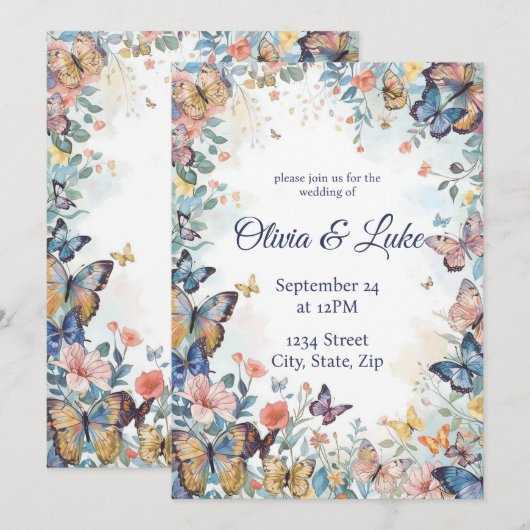 Pastel Wildflower & Butterfly Wedding Uitnodiging (Voorkant / Achterkant)