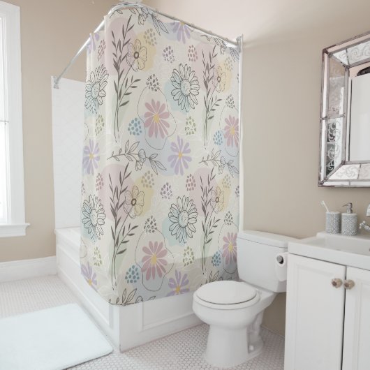 Pastel Wildflower Collage – Chic Floral Geometric  Douchegordijn (In situ)