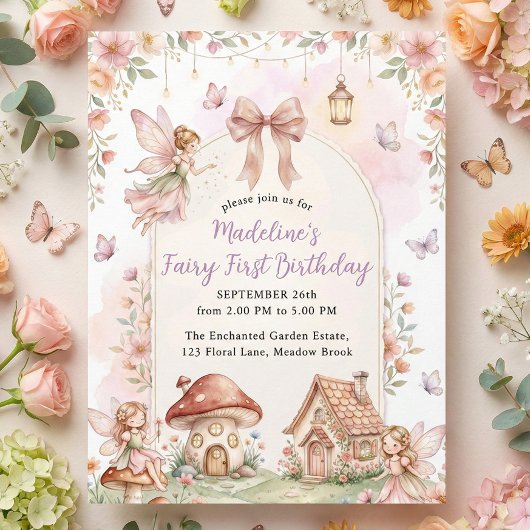 Pastel Wildflower Fairy First 1st Birthday Party Kaart
