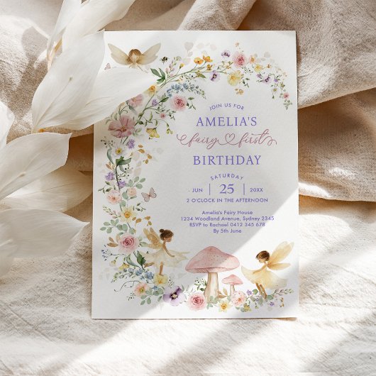 Pastel Wildflower Fairy First 1st Birthday Party Kaart