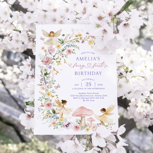 Pastel Wildflower Fairy First 1st Birthday Party Kaart