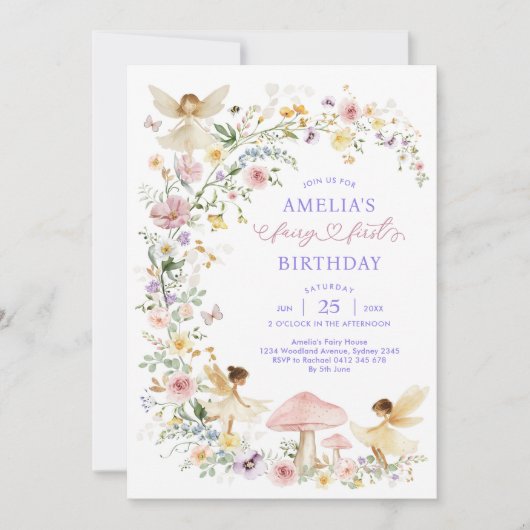 Pastel Wildflower Fairy First 1st Birthday Party Kaart (Voorkant)