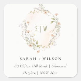 Pastel Wildflower Floral Monogram, hoofdadres Vierkante Sticker