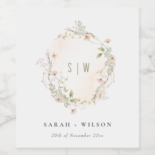Pastel Wildflower Floral Monogram Wreater Weddensc Wijn Etiket (Enkel label)