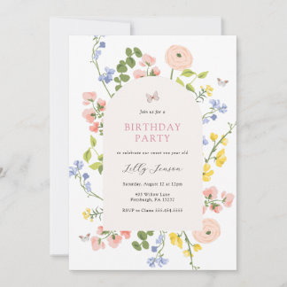 Pastel Wildflower Garden Birthday Invitation Kaart