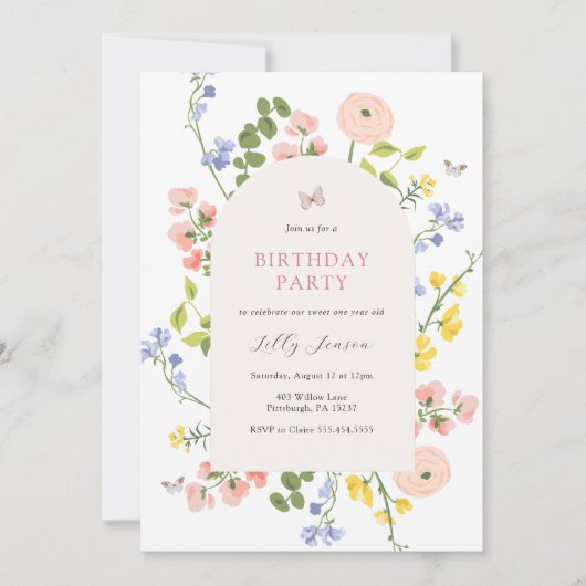 Pastel Wildflower Garden Birthday Invitation Kaart (Voorkant)