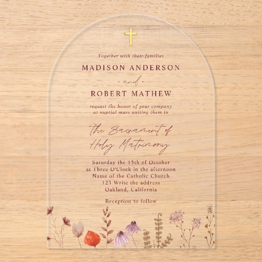 Pastel Wildflower Garden Katholieke bruiloft Acryl Uitnodigingen (Voorkant)