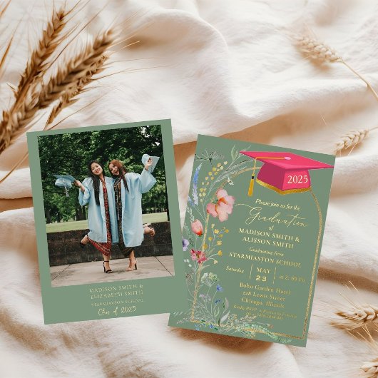 Pastel Wildflower Garden Twin Graduation Party Folie Uitnodiging