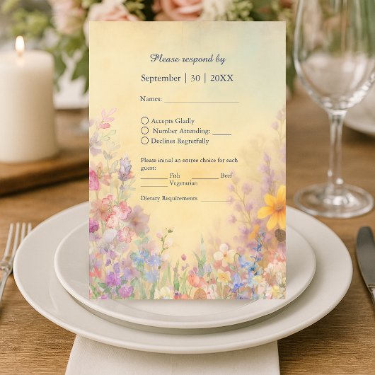Pastel Wildflower Meadow Barn Wedding RSVP Kaartje