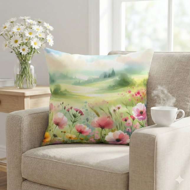 Pastel Wildflower Meadow Landscape Kussen (Pastel Wildflower Meadow Landscape Throw Pillow Mockup A)