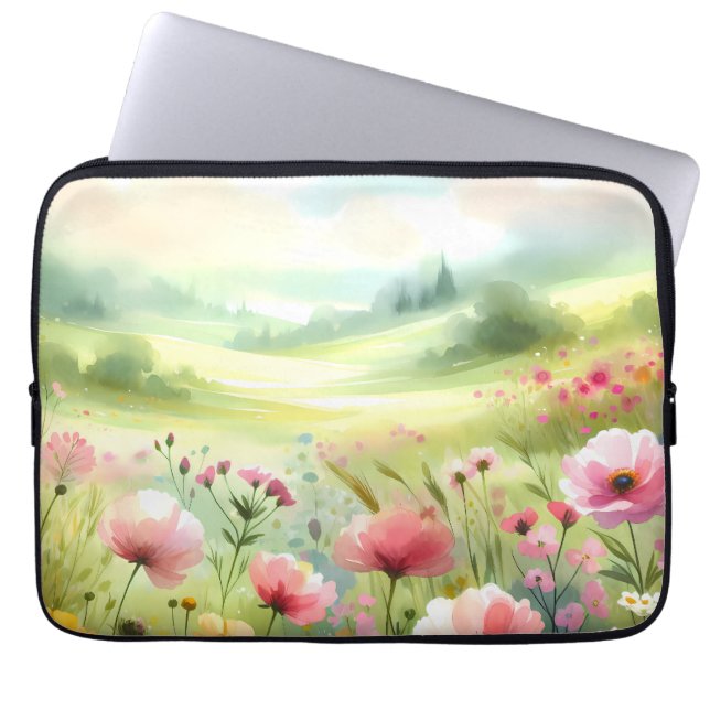 Pastel Wildflower Meadow Landscape Laptop Sleeve (Voorkant)